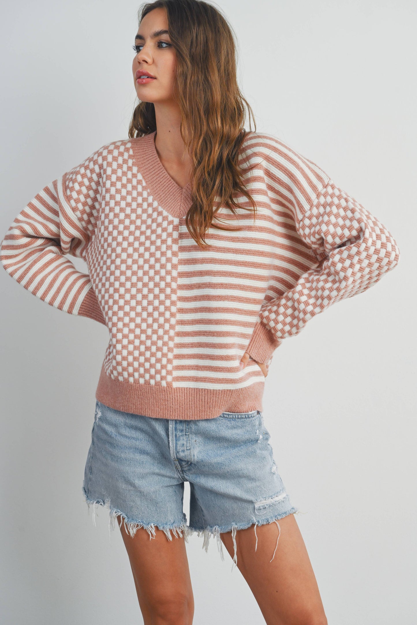 Checker Pattern Drop Shoulder Sweater