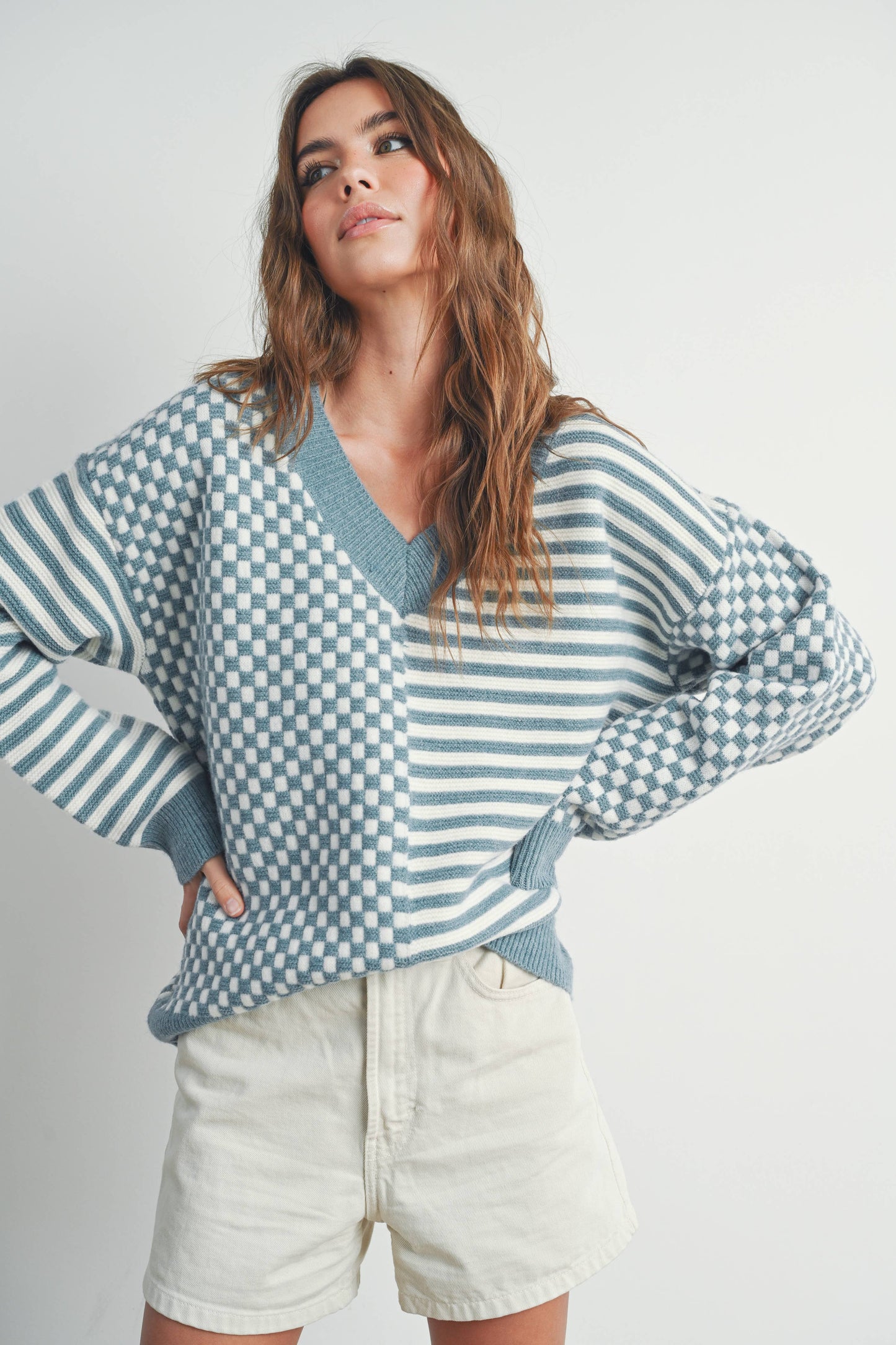 Checker Pattern Drop Shoulder Sweater