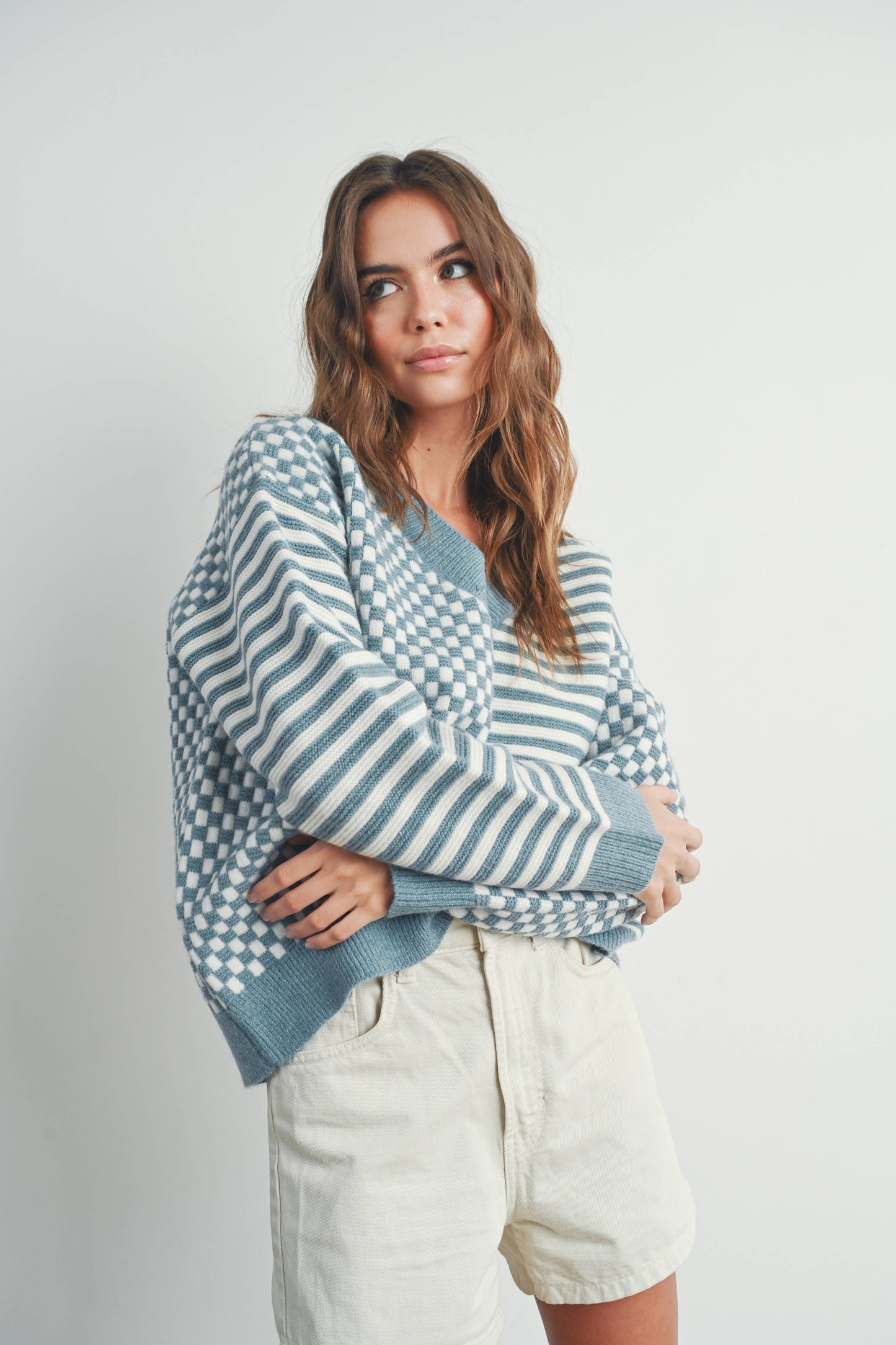 Checker Pattern Drop Shoulder Sweater