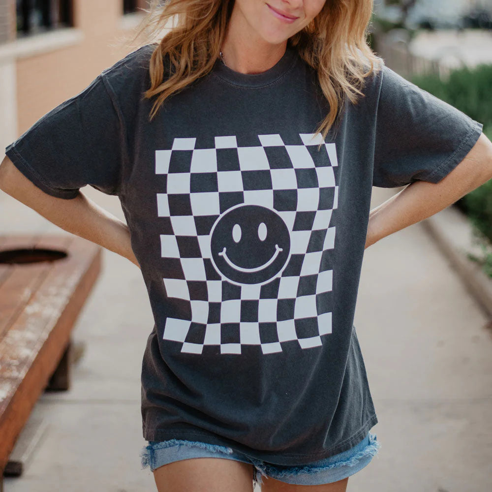Checkered Pattern Happy Face Tee