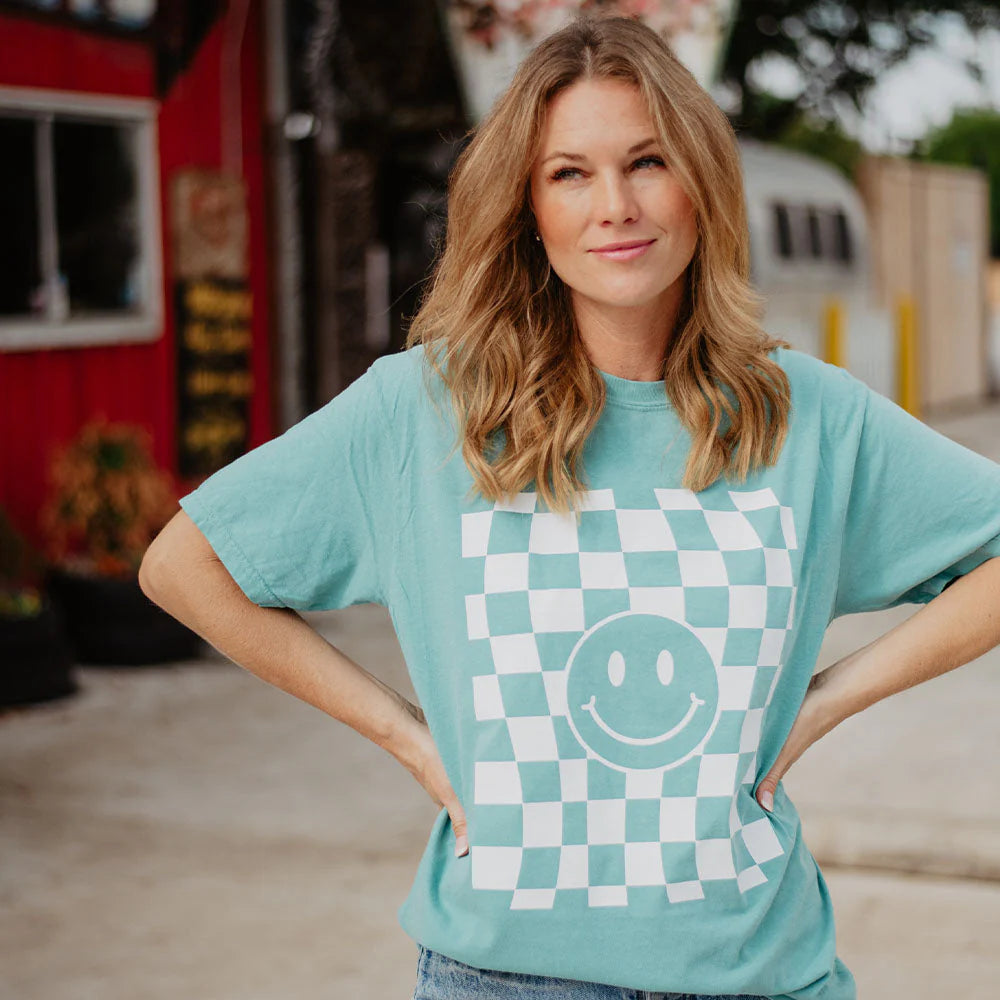 Checkered Pattern Happy Face Tee