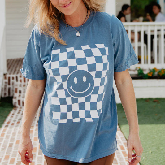 Checkered Pattern Happy Face Tee